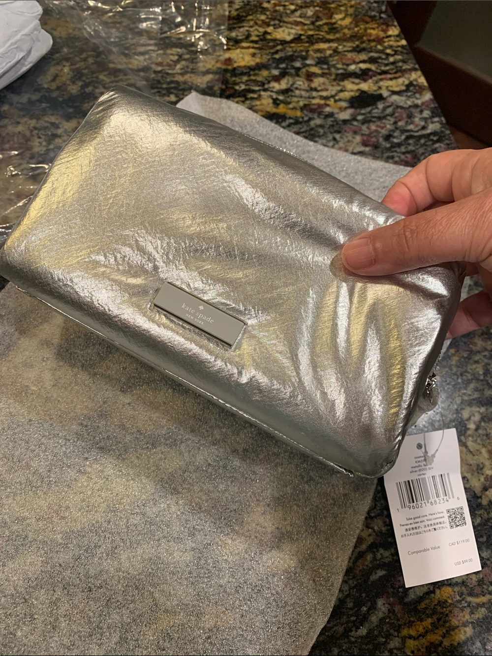 Kate Spade “Carter” Silver Metallic Fabric cosmetic pouch